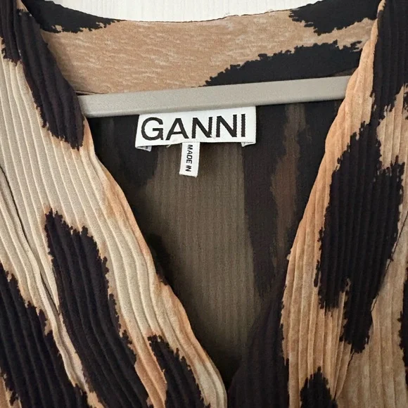 GANNI pleated georgette oversized mini dress in maxi leopard Small - Picture 5 of 6